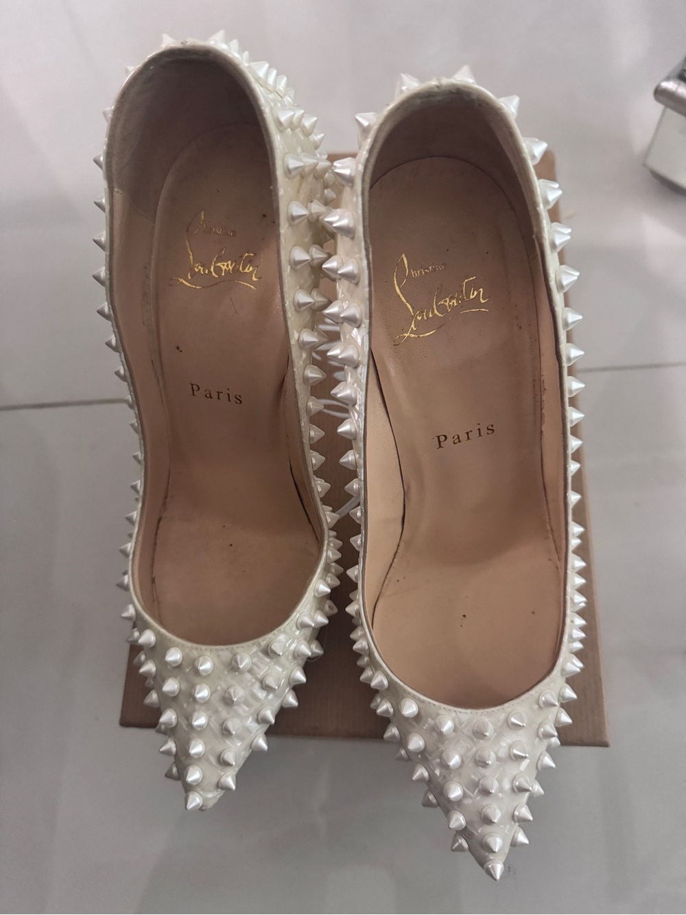 Christian Louboutin Pearl-White Spiked Pointed-Toe Pumps
